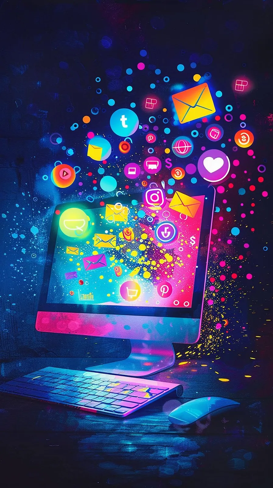 Bildschirm mit Social-Media-Symbolen und digitalen Grafiken