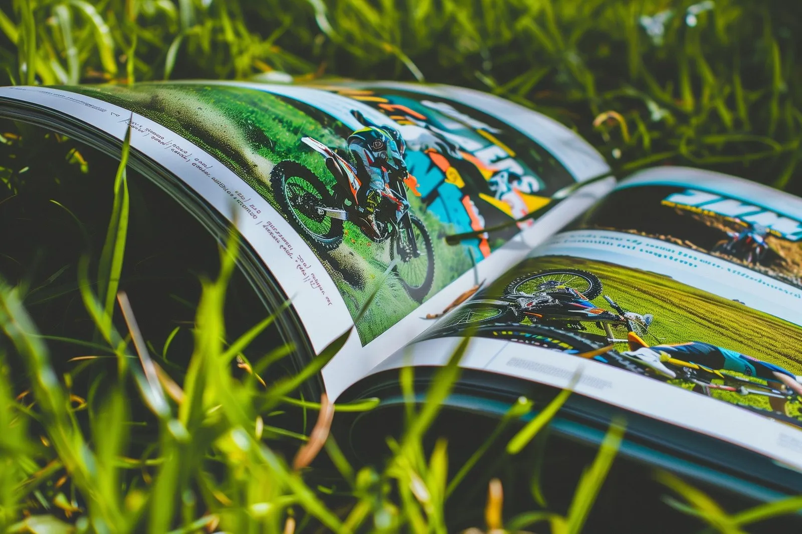 Aufgeschlagenes Magazin mit Motorsport-Reportage im Gras
