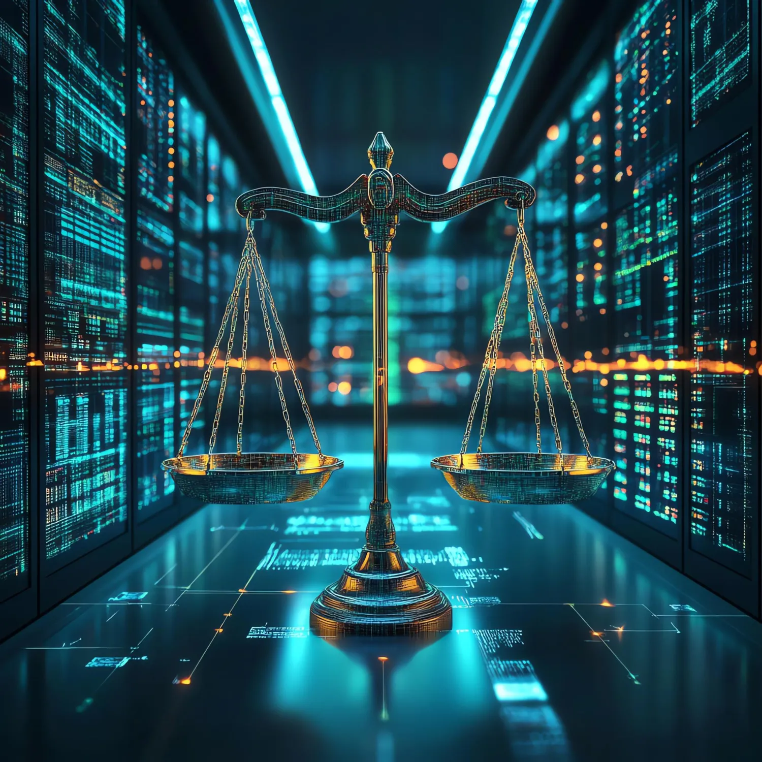 Waage der Justitia in einem Serverraum – Recht und Technik gehören zusammen