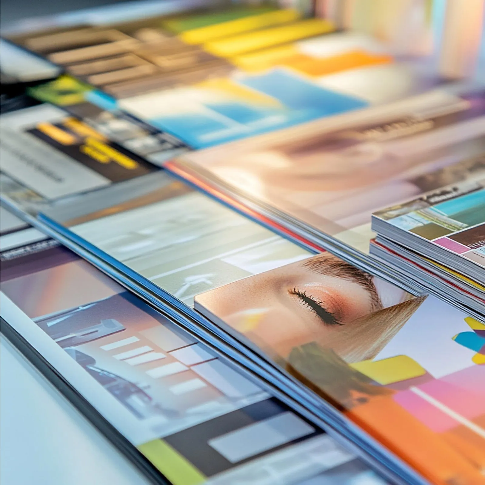 Gedruckte Broschüren und Magazinseiten, gefächert ausgelegt